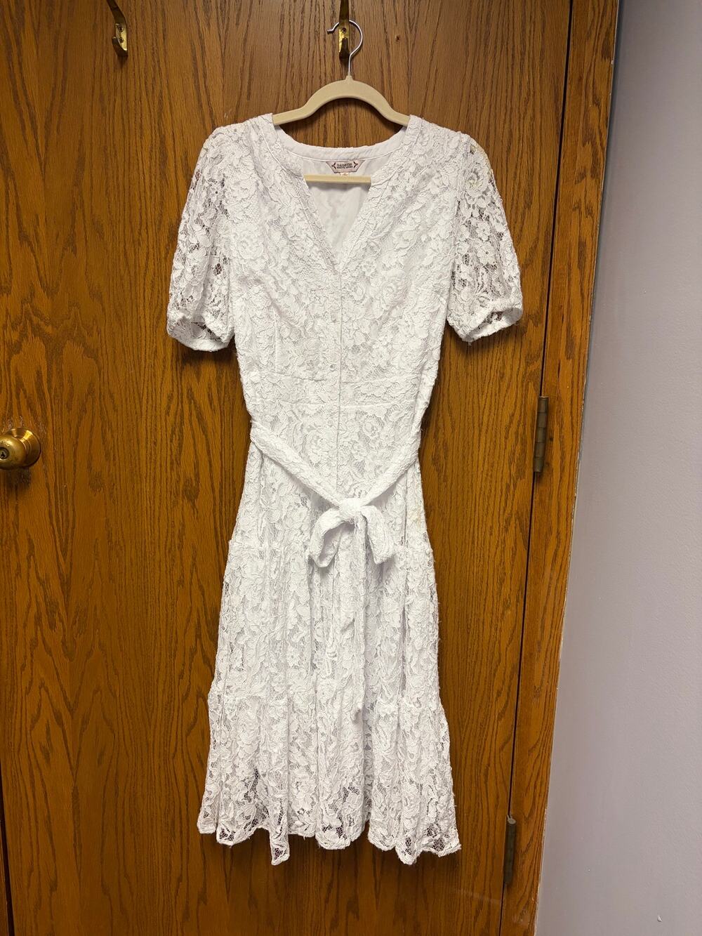 Nanette Lepore White Lace Midi Dress Size 12 V-Neck Belted Fit & Flare Wedding